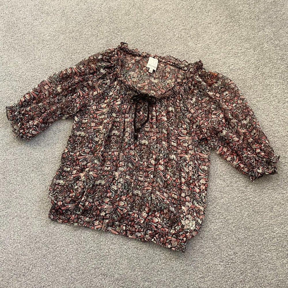 - Ella Moss Loose Floral 100% Silk Blouse Ruffled Neckline & Hem SMALL   - K918